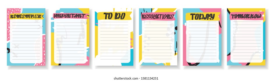 Templates set for notes, to do, check lists. Organizer,planner with retro background and trendy lettering. Memphis style. Vector stock illustration. Remember, important, resolutions, today, tomorrow.