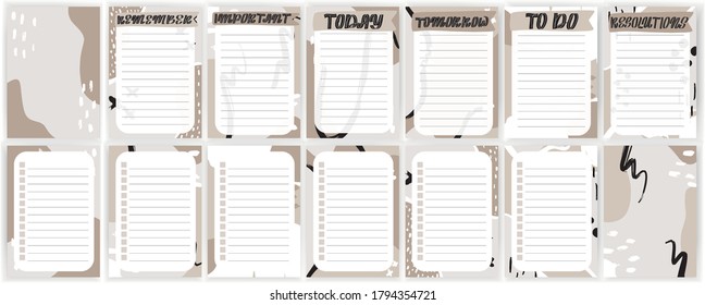 Templates set for notes, to do, check lists. Organizer,planner with retro background and trendy lettering. Vector stock illustration. Remember, important, resolutions, today, tomorrow.