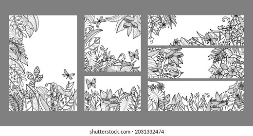 Templates set with tropical leaves and flowers. Exotic covers collection, floral A4 compositions for covers, greeting cards, flyers, coloring pages.