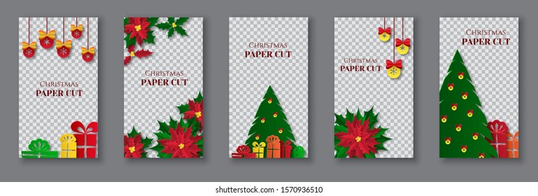 Templates for social media stories. Christmas and New Year design in paper cut style. Christmas tree, gifts and poinsettia for the design of their posts