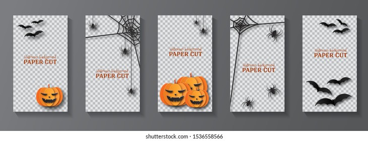 Templates for social media stories. Halloween Blanks in the style of paper cut. Five designs.