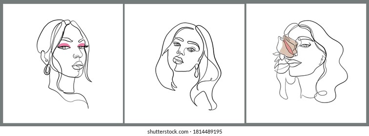 Templates for social media stories with linear woman portrait. Aesthetic background in minimalist style with one continuous line portrait of girl. Outline drawing of flowers. Set of trendy frames.