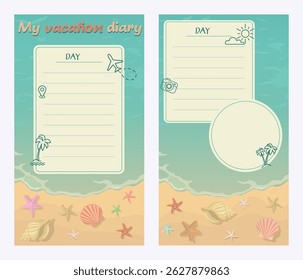 Templates for social media. Vacation diary. Vector illustration in blue, yellow tones. Beach,seashells,holiday icons and space for text and photos. 

