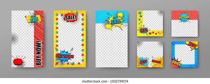 Templates for social networks advertising set with colorful speech bubbles stars promotional wordings and transparent backgrounds in comic style. Isolated vector illustration