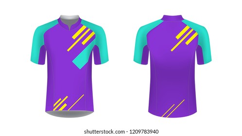 Templates of sportswear designs for sublimation printing. Uniform blank for triathlon, cycling, running competition, marathon and racing games. Vector mockup.