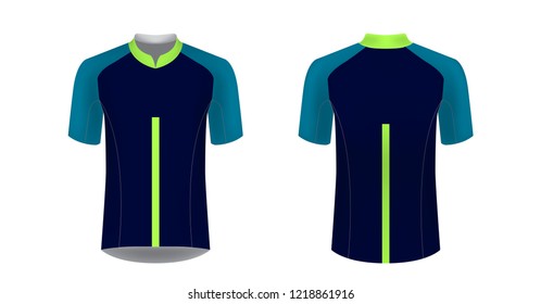 Templates of sportswear designs for sublimation printing. Uniform blank for triathlon, cycling, running competition, marathon and racing games. Vector mockup. Navy blue, turquoise, lime green.