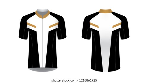 Templates of sportswear designs for sublimation printing. Uniform blank for triathlon, cycling, running competition, marathon and racing games. Vector mockup. Black and white and gold shirt.