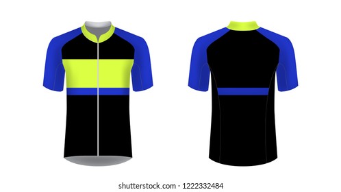 Templates of sportswear designs for sublimation printing. Uniform blank for triathlon, cycling, running competition, marathon and racing games. Vector mockup.