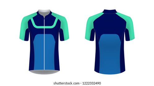 Templates of sportswear designs for sublimation printing. Uniform blank for triathlon, cycling, running competition, marathon and racing games. Vector mockup.