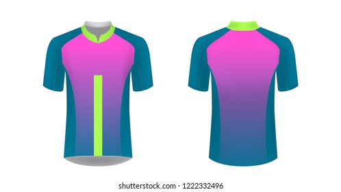 Templates of sportswear designs for sublimation printing. Uniform blank for triathlon, cycling, running competition, marathon and racing games. Vector mockup.