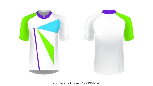 Templates of sportswear designs for sublimation printing. Uniform blank for triathlon, cycling, running competition, marathon and racing games. Vector mockup.