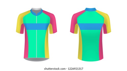 Templates of sportswear designs for sublimation printing. Uniform blank for triathlon, cycling, running competition, marathon and racing games. Vector mockup.