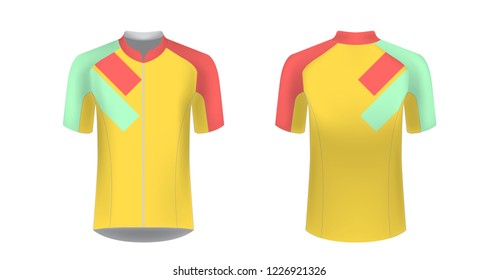 Templates of sportswear designs for sublimation printing. Uniform blank for triathlon, cycling, running competition, marathon and racing games. Vector mockup.