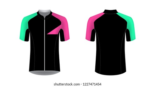 Templates of sportswear designs for sublimation printing. Uniform blank for triathlon, cycling, running competition, marathon and racing games. Vector mockup.