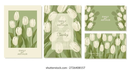 Plantillas para invitaciones de Boda de primavera con tulipanes blancos sobre fondo verde y tarjetas de agradecimiento. Diseño de boda rústica botánica. Vector