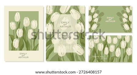 Templates for Spring Wedding Invitations With White Tulips On A Green Background and thank you cards. Botanical rustic wedding design. Vector