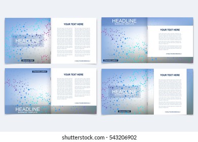 Templates for square brochure. Leaflet cover presentation. Business, science, technology design book layout. Scientific molecule background