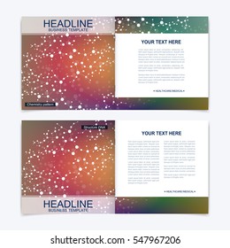 Templates for square brochure. Leaflet cover presentation. Business, science, technology design book layout. Scientific molecule background.