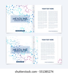 Templates for square brochure. Leaflet cover presentation. Business, science, technology design book layout. Scientific molecule background,