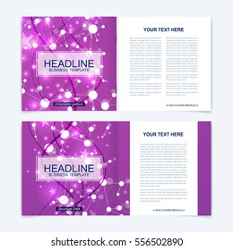 Templates for square brochure. Leaflet cover presentation. Business, science, technology design book layout. Scientific molecule background.