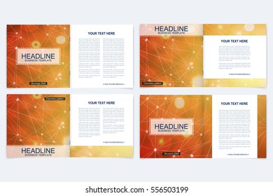 Templates for square brochure. Leaflet cover presentation. Business, science, technology design book layout. Scientific molecule background
