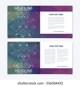 Templates for square brochure. Leaflet cover presentation. Business, science, technology design book layout. Scientific molecule background.