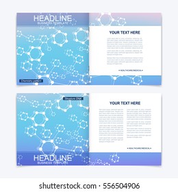Templates for square brochure. Leaflet cover presentation. Business, science, technology design book layout. Scientific molecule background.