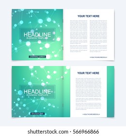 Templates for square brochure. Leaflet cover presentation. Business, science, technology design book layout. Scientific molecule background