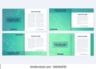 Templates for square brochure. Leaflet cover presentation. Business, science, technology design book layout. Scientific molecule background
