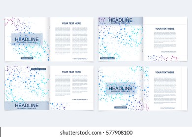 Templates for square brochure. Leaflet cover presentation. Business, science, technology design book layout. Scientific molecule background,