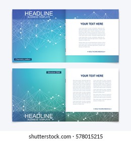 Templates for square brochure. Leaflet cover presentation. Business, science, technology design book layout. Scientific molecule background,