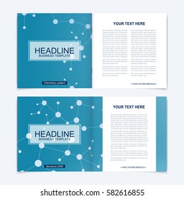 Templates for square brochure. Leaflet cover presentation. Business, science, technology design book layout. Scientific molecule background,