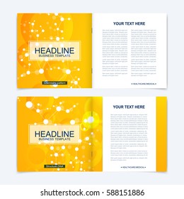 Templates for square brochure. Leaflet cover presentation. Business, science, technology design book layout. Scientific molecule background,