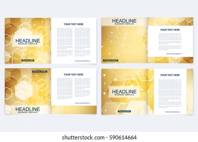 Templates for square brochure. Leaflet cover presentation. Business, science, technology design book layout. Scientific molecule background,