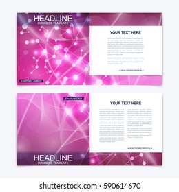 Templates for square brochure. Leaflet cover presentation. Business, science, technology design book layout. Scientific molecule background,