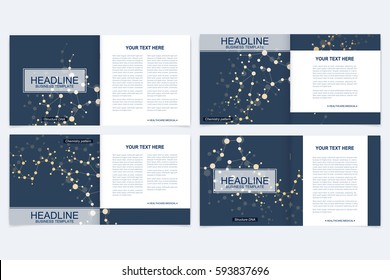 Templates for square brochure. Leaflet cover presentation. Business, science, technology design book layout. Scientific molecule background,
