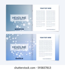 Templates for square brochure. Leaflet cover presentation. Business, science, technology design book layout. Scientific molecule background,