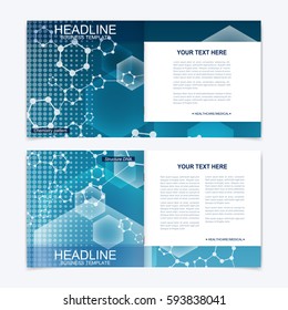Templates for square brochure. Leaflet cover presentation. Business, science, technology design book layout. Scientific molecule background,