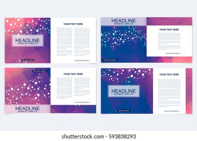 Templates for square brochure. Leaflet cover presentation. Business, science, technology design book layout. Scientific molecule background,