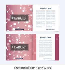 Templates for square brochure. Leaflet cover presentation. Business, science, technology design book layout. Scientific molecule background,