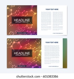 Templates for square brochure. Leaflet cover presentation. Business, science, technology design book layout. Scientific molecule background,