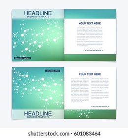Templates for square brochure. Leaflet cover presentation. Business, science, technology design book layout. Scientific molecule background