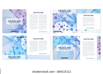 Templates for square brochure. Leaflet cover presentation. Business, science, technology design book layout. Scientific molecule background,