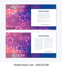 Templates for square brochure. Leaflet cover presentation. Business, science, technology design book layout. Scientific molecule background.