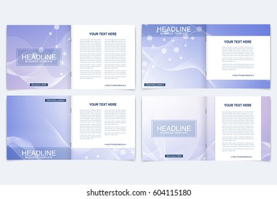 Templates for square brochure. Leaflet cover presentation. Business, science, technology design book layout. Scientific molecule background,