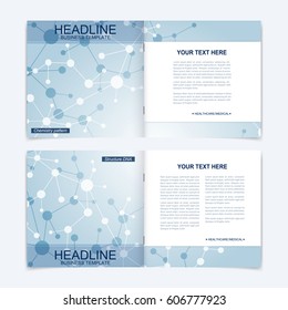 Templates for square brochure. Leaflet cover presentation. Business, science, technology design book layout. Scientific molecule background