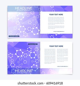 Templates for square brochure. Leaflet cover presentation. Business, science, technology design book layout. Scientific molecule background,