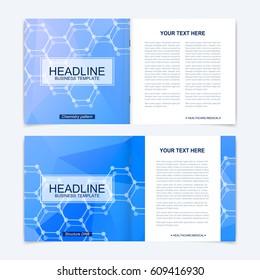 Templates for square brochure. Leaflet cover presentation. Business, science, technology design book layout. Scientific molecule background,