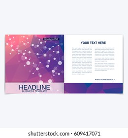 Templates for square brochure. Leaflet cover presentation. Business, science, technology design book layout. Scientific molecule background,