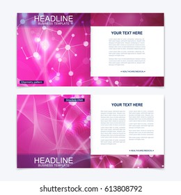 Templates for square brochure. Leaflet cover presentation. Business, science, technology design book layout. Scientific molecule background,